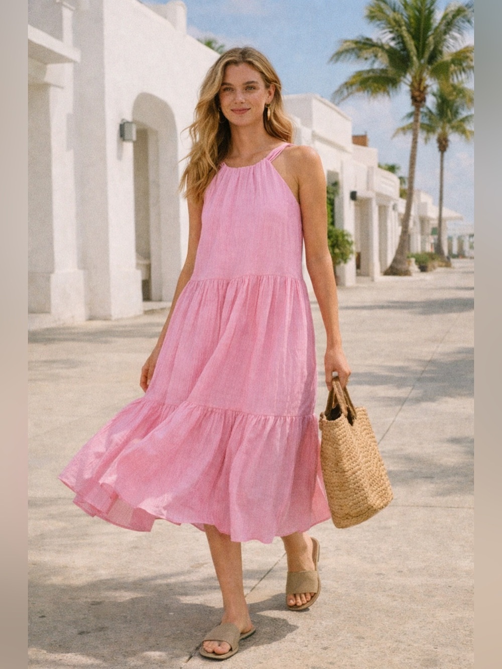 French Connection Aleska Textured Midi Dress in Strawberry Shake Size L
